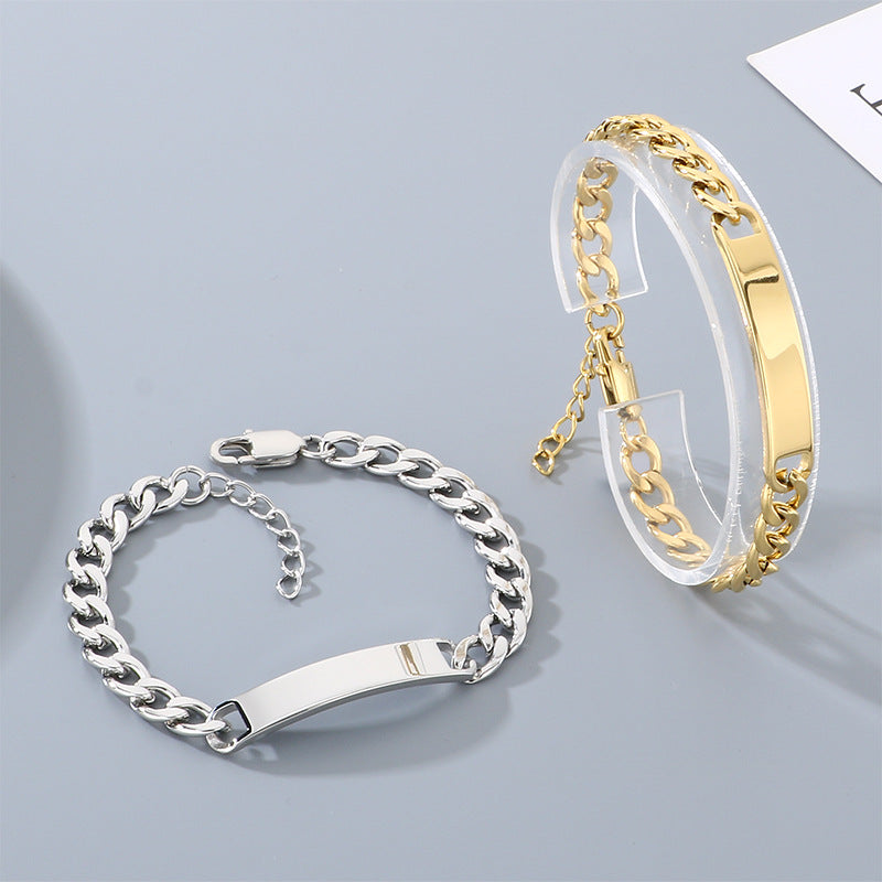 Engravable Curved Bar Bracelet – Layered Cuban Chain Titanium Steel Men's Bracelet
