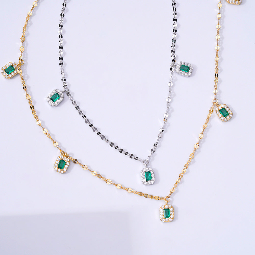 Sterling Silver Collarbone Chain Emerald Zircon Necklace Women