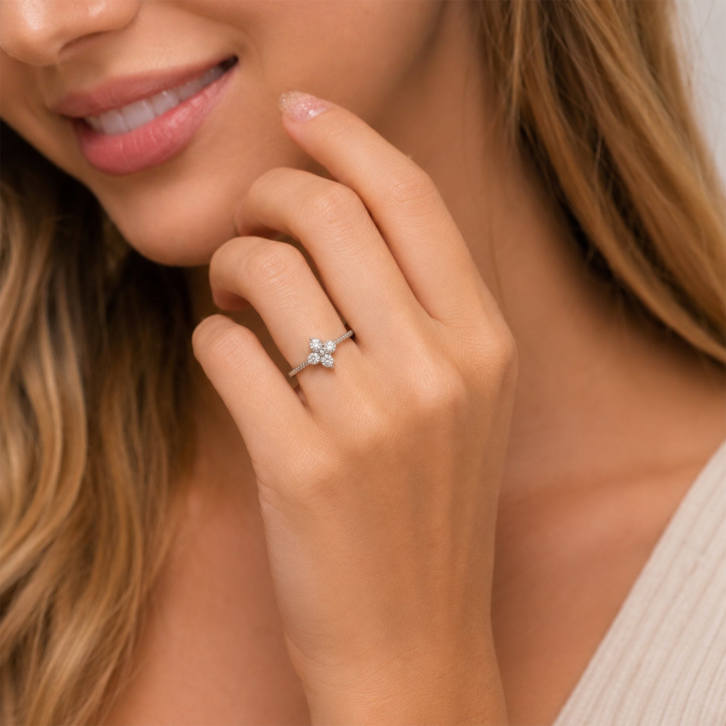 Planderful Everyday Genie Hammered Four Leaf Clover Ring Stainless Steel With Zircon Open Adjustable Unisex Jewelry