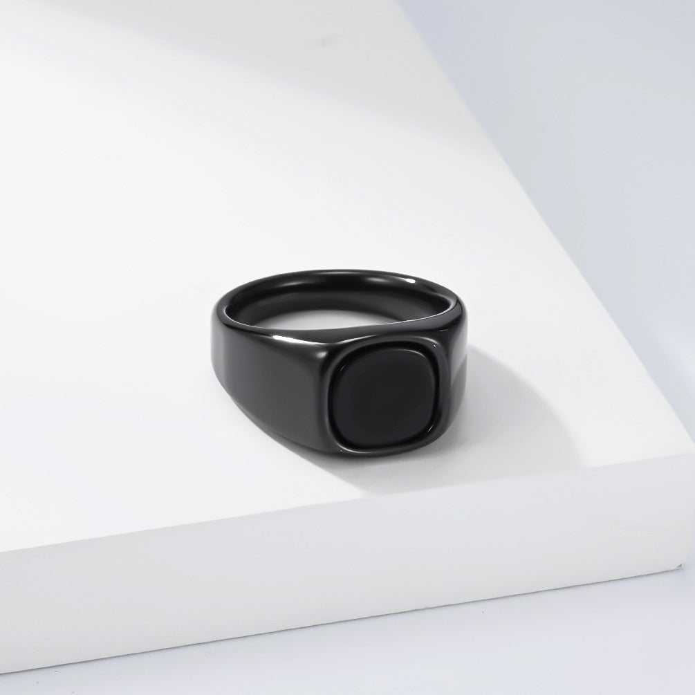 Square Black Gemstone Stainless Steel Ring