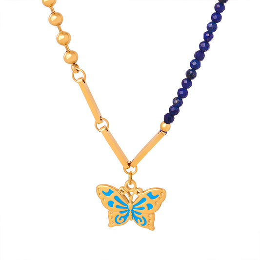 Golden Butterfly Charm Handmade Necklace with Natural Stones and Titanium Steel - Elegant Female Jewelry