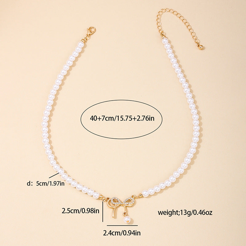 Stylish Bow Pearl Necklace with Hip-Hop Pendant