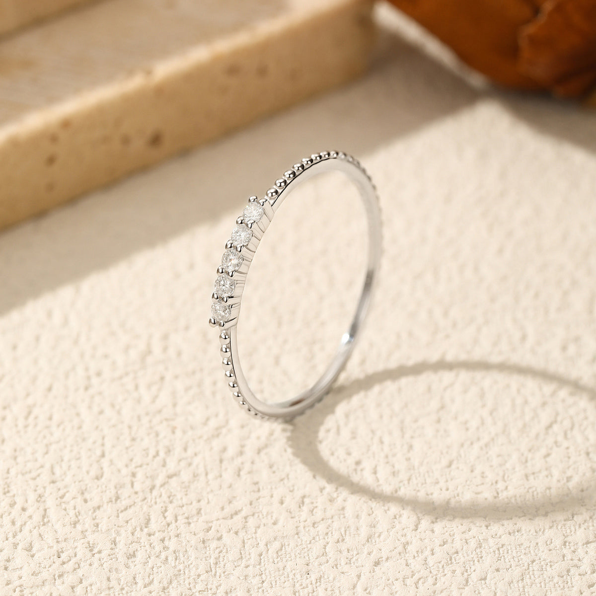 S925 Sterling Silver Beaded Edge Moissanite Band