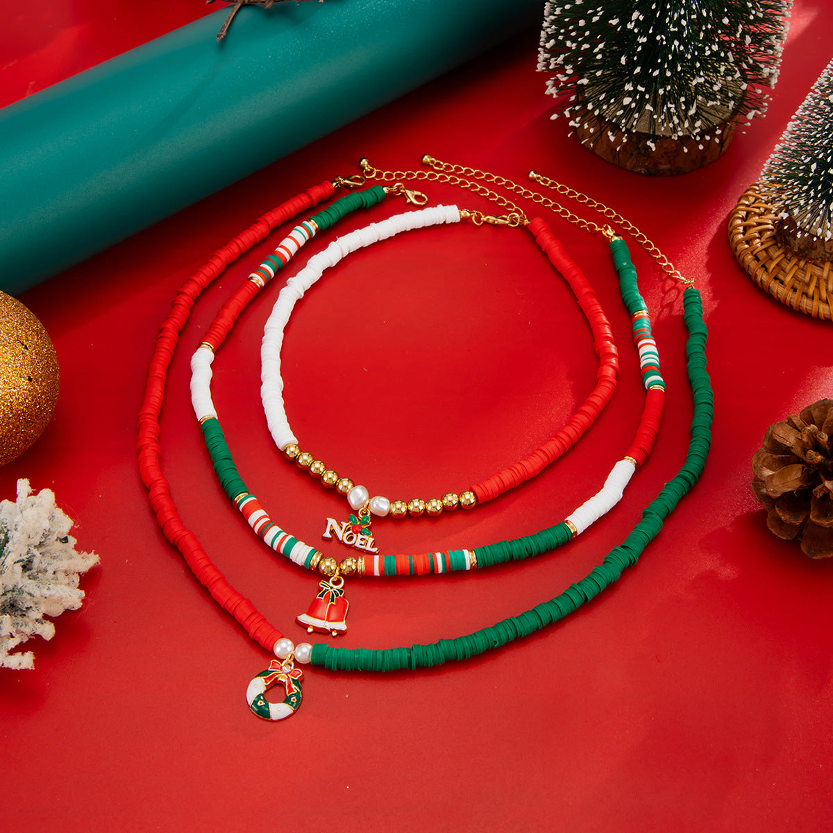Christmas Bell, Tree & Elk Pendant Necklace