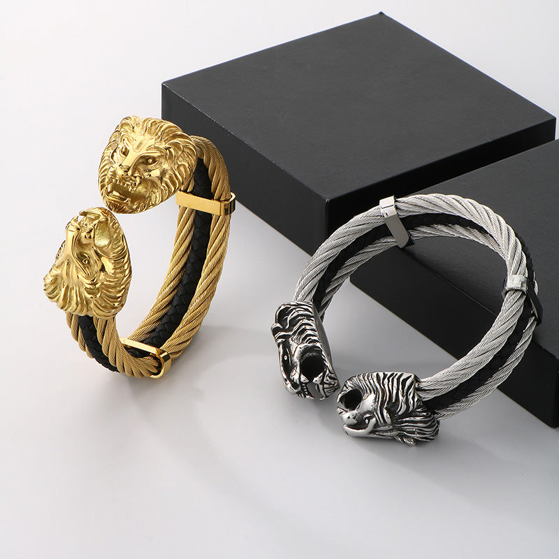Planderful Titanium Lion Head Leather Bracelet For Men