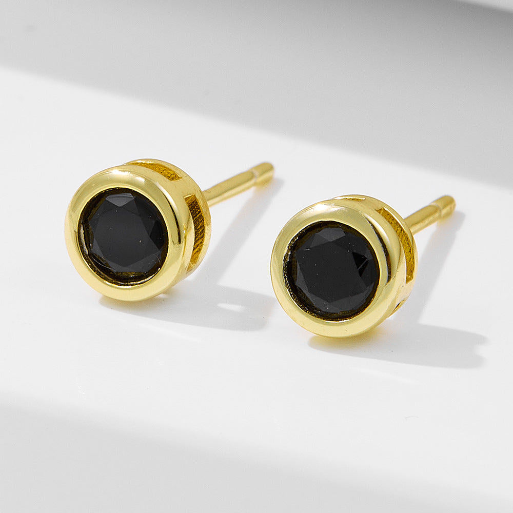 S925 Sterling Silver Classic Geometric Black Zircon Stud Earrings