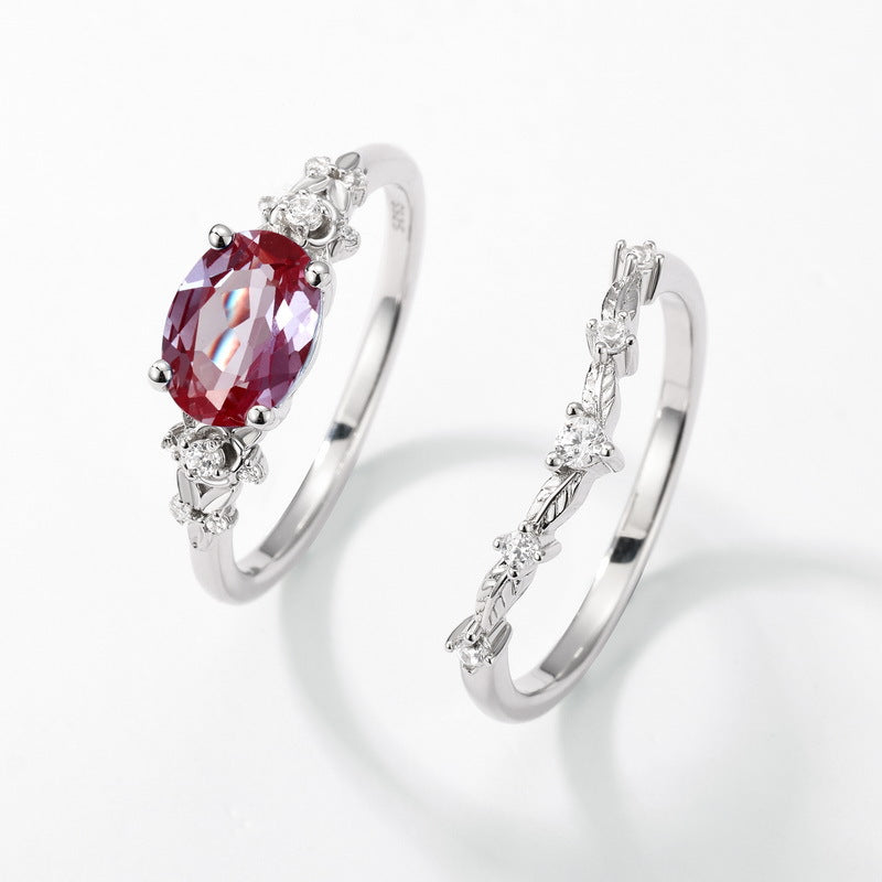 Planderful Jewelry Sterling Silver Alexandrite Ring With Oval Stone And Leaf Zircon Accent