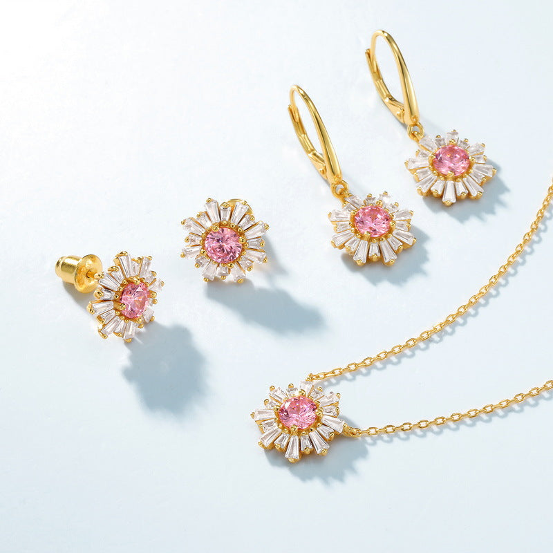 Zircon Pink Sun Flower Sterling Silver Stud Earrings