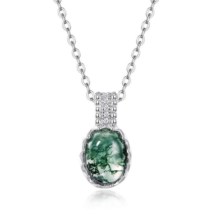 S925 Sterling Silver Moss Agate Oval Pendant Necklace