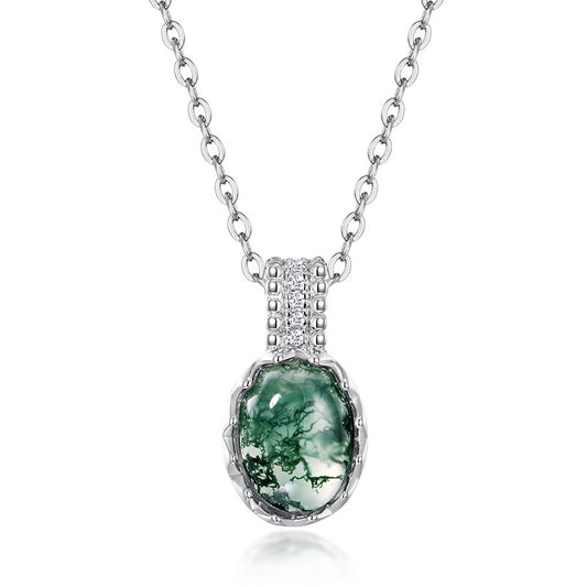 S925 Sterling Silver Moss Agate Oval Pendant Necklace