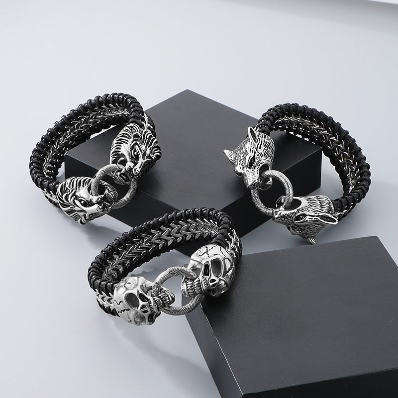 Planderful Double Wolf Head Lion Head Bracelet Men Titanium