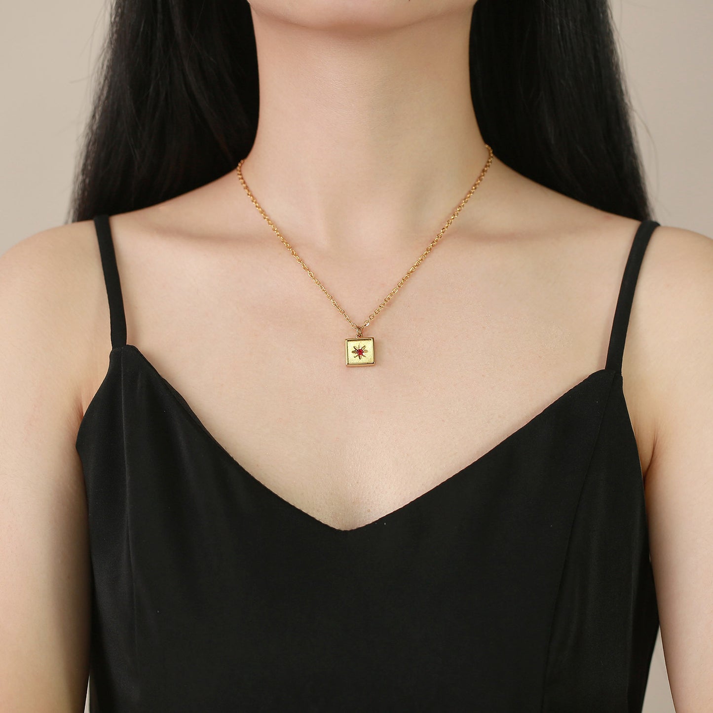 Stainless Steel Red Zircon Octagram Necklace Gold Chain