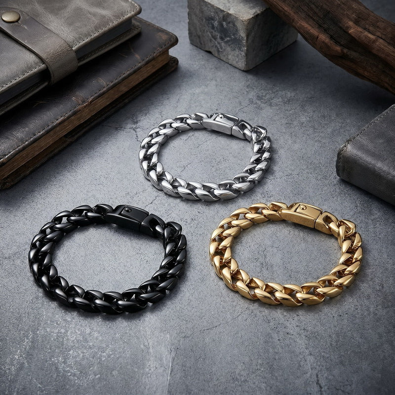 Minimalist Polished Bracelet Glossy Cuban Chain Spring Snap Stainless Steel Men's Bracelet