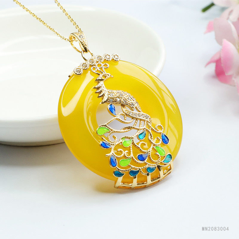 Yellow Chalcedony Cloisonné Phoenix Peace Buckle Pendant — No Chain