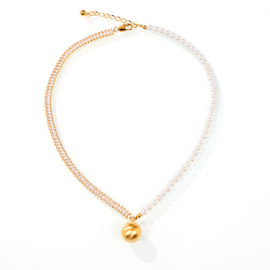 Elegant Copper Chain Pendant with Shell Bead and Zircon Detail
