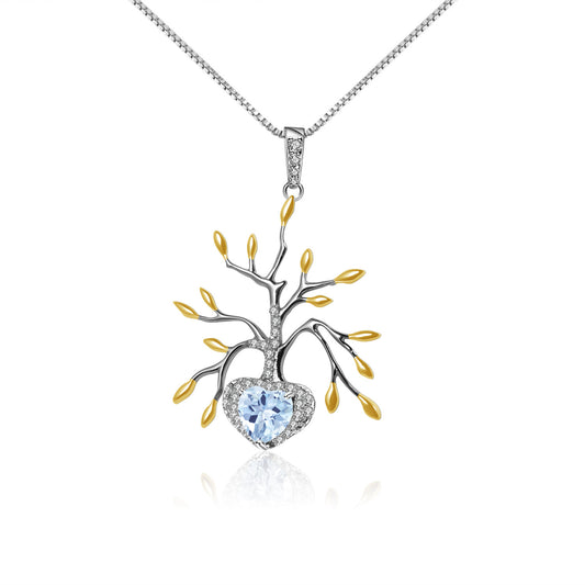 Life Tree Pendant Heart Shape Natural Gemstone Silver Necklace