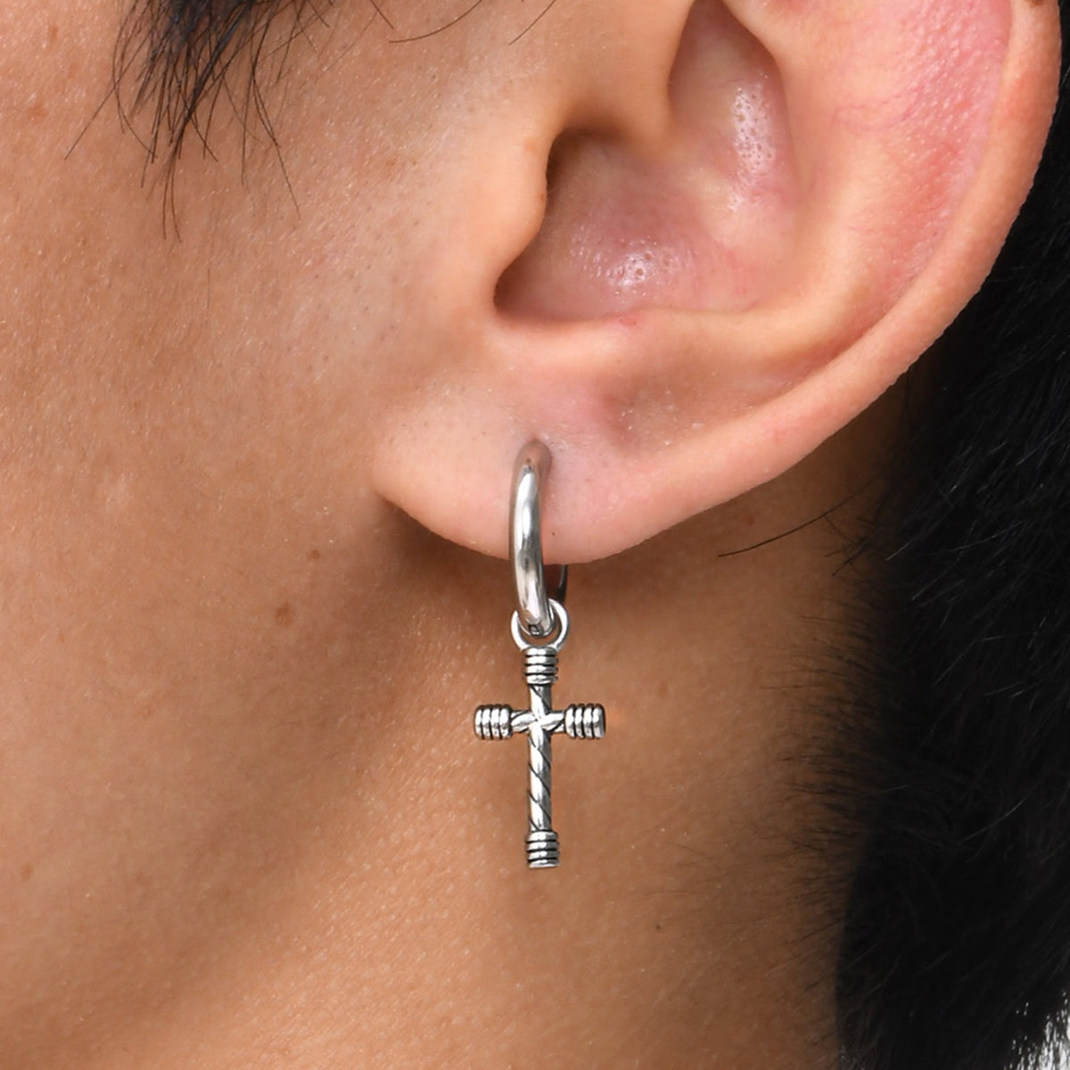 Rugged Cross Hoop Earring — Silver Single