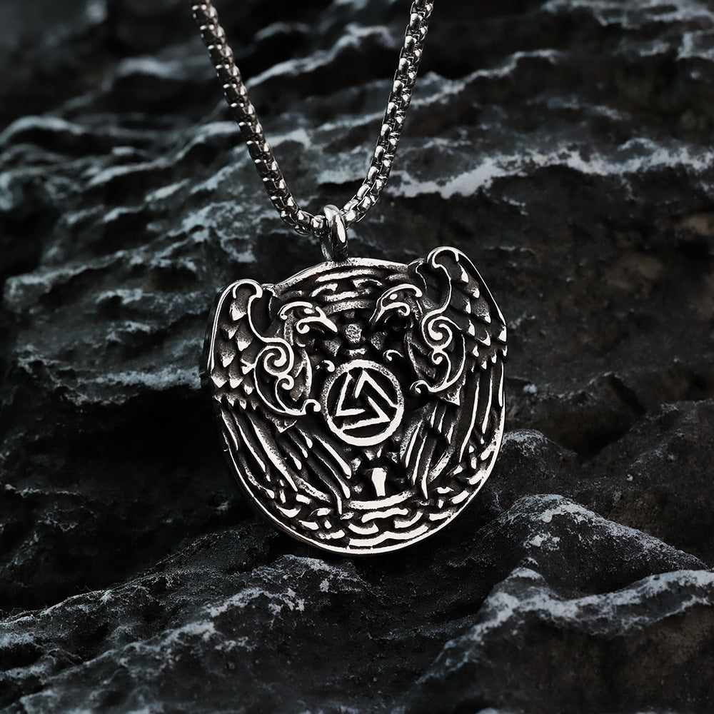 Planderful Nordic Viking Pendant For Men Solid Stainless Steel Double Sided Raven Triangle Necklace