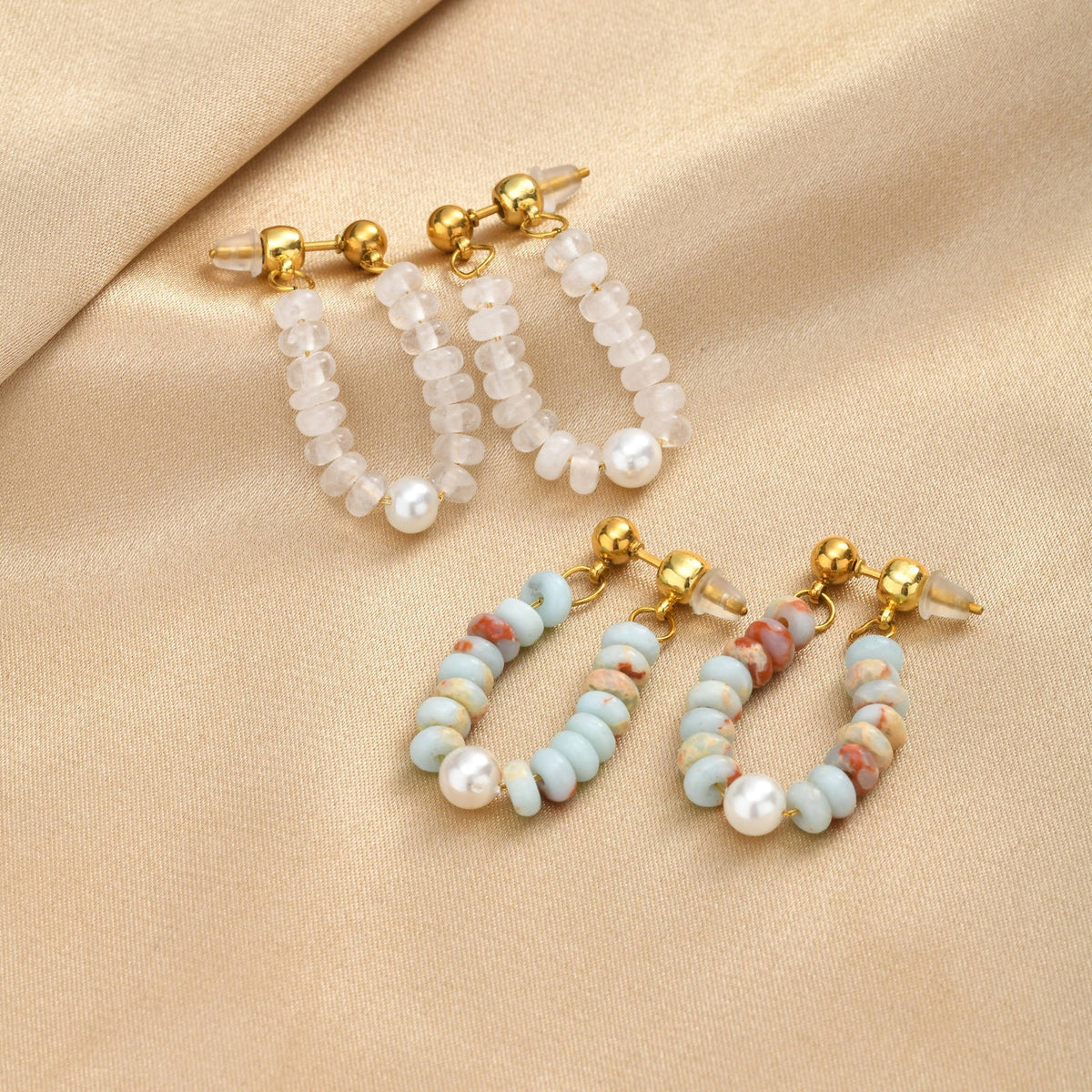 Aqua Stone Bead & Pearl Loop Drop Earrings