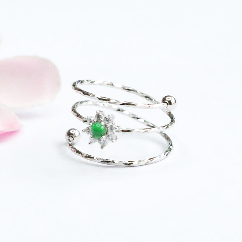 Sterling Silver Adjustable Ice Green Jade Sun Ring