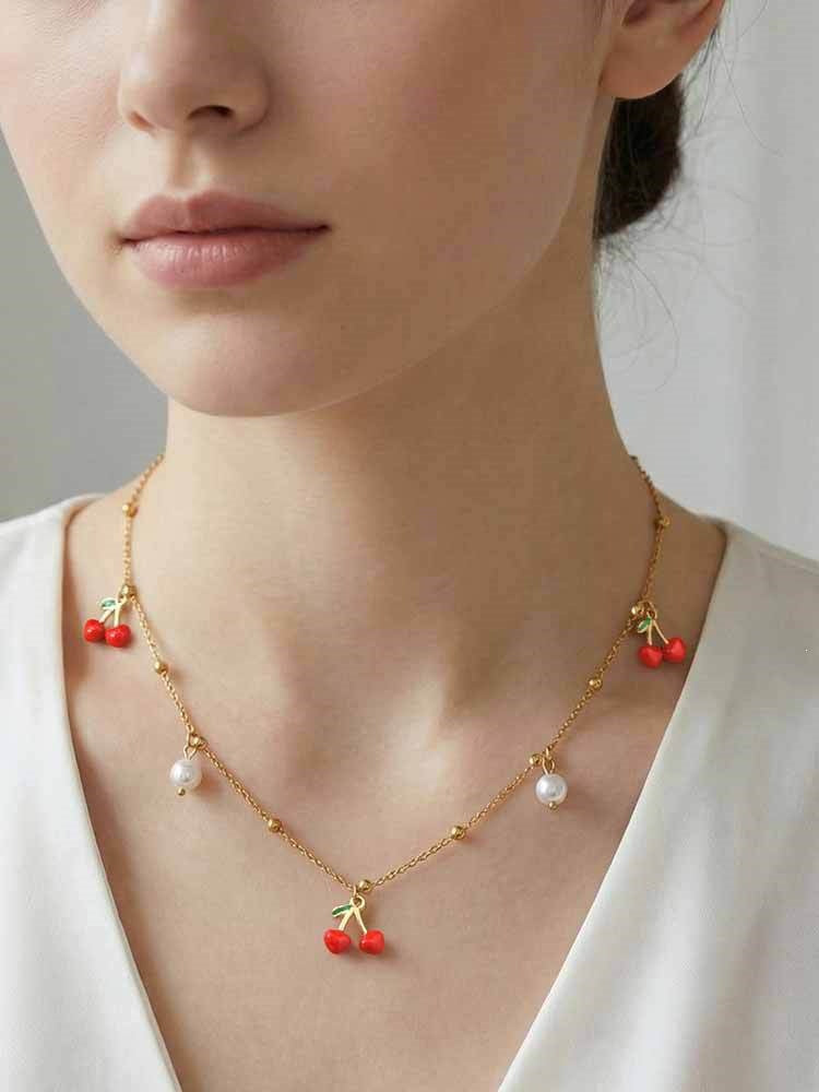 Stainless Steel Nk Chain Zircon Cherry Daily Stacked Street Wear Holiday Gift Necklace