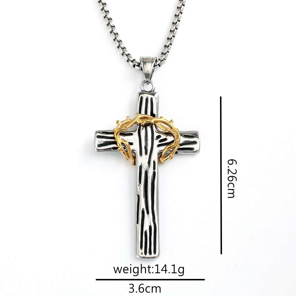 Vintage Cross Crown Stainless Steel Men's Pendant Necklace