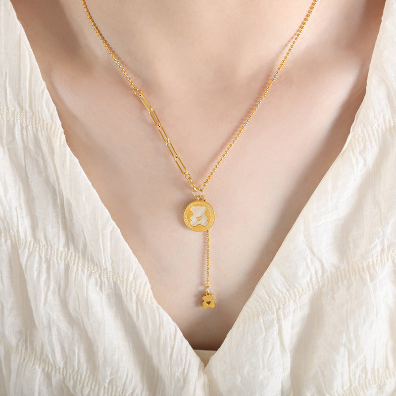 Sweet Cartoon Bear Shell Tassel Necklace - Women's Titanium Steel Gold-Plated Jewelry
