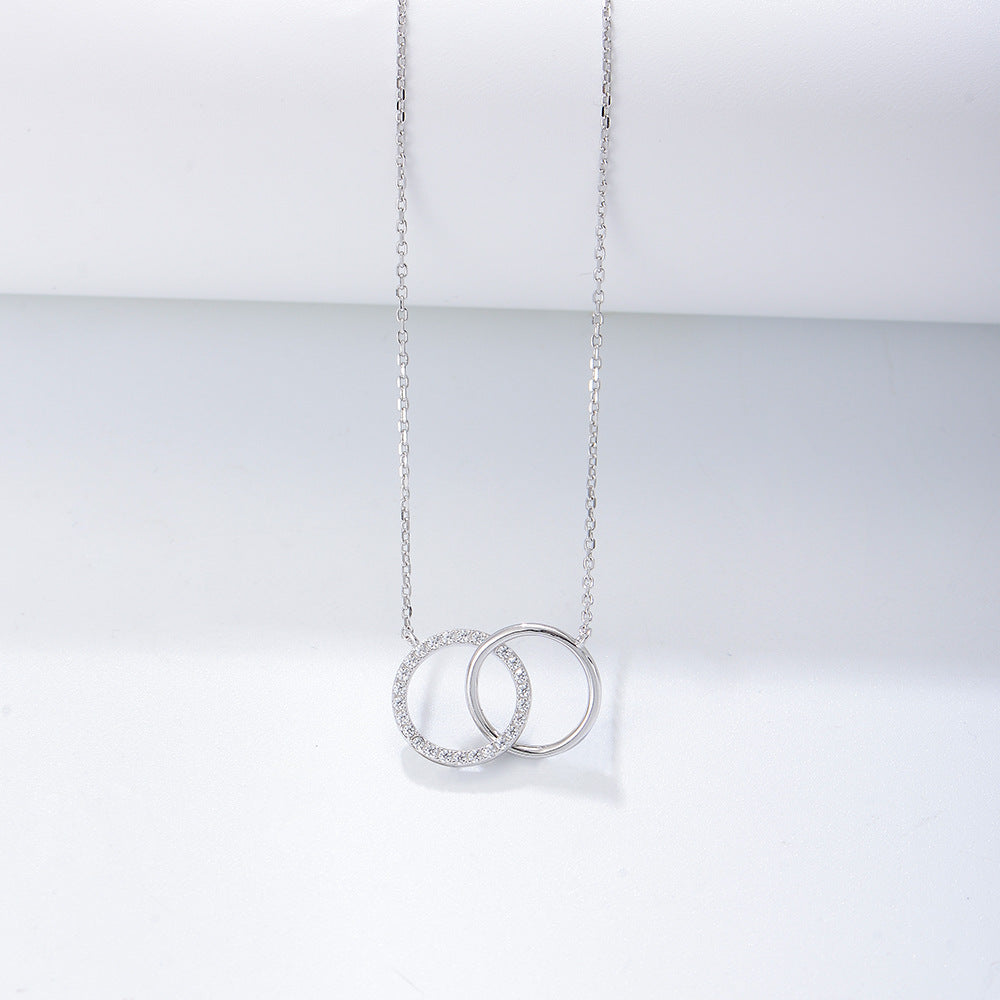S925 Sterling Silver Personality Zircon Double Circle Ring Necklace Set Chain