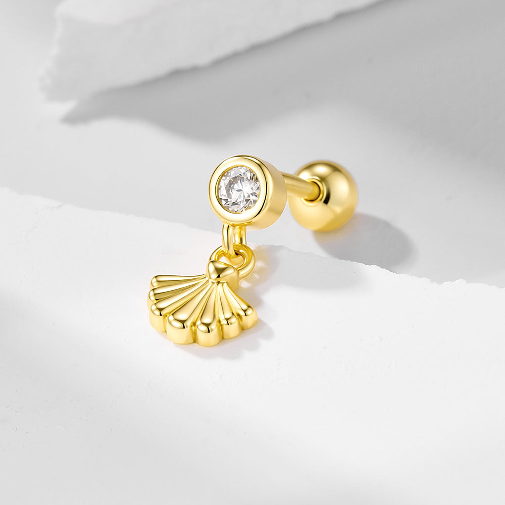 S925 Sterling Silver Ocean Shell Pattern Inlaid Zircon Thread Piercing Earbone Studs Earrings