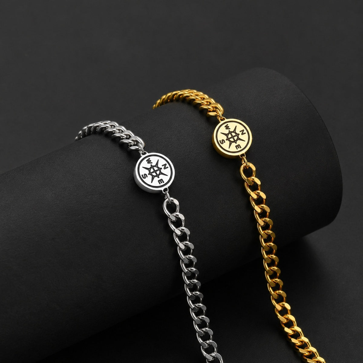 Cuban Chain Compass Gold-Plated Stainless Steel Bracelet for Men