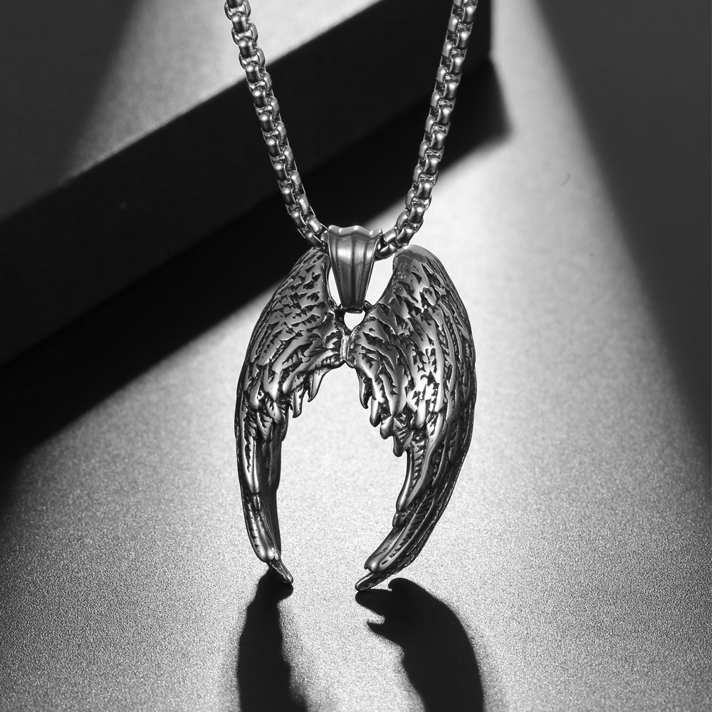 Titanium Steel Angel Wing Pendant Necklace for Men - Trendy Retro Hip-Hop Style