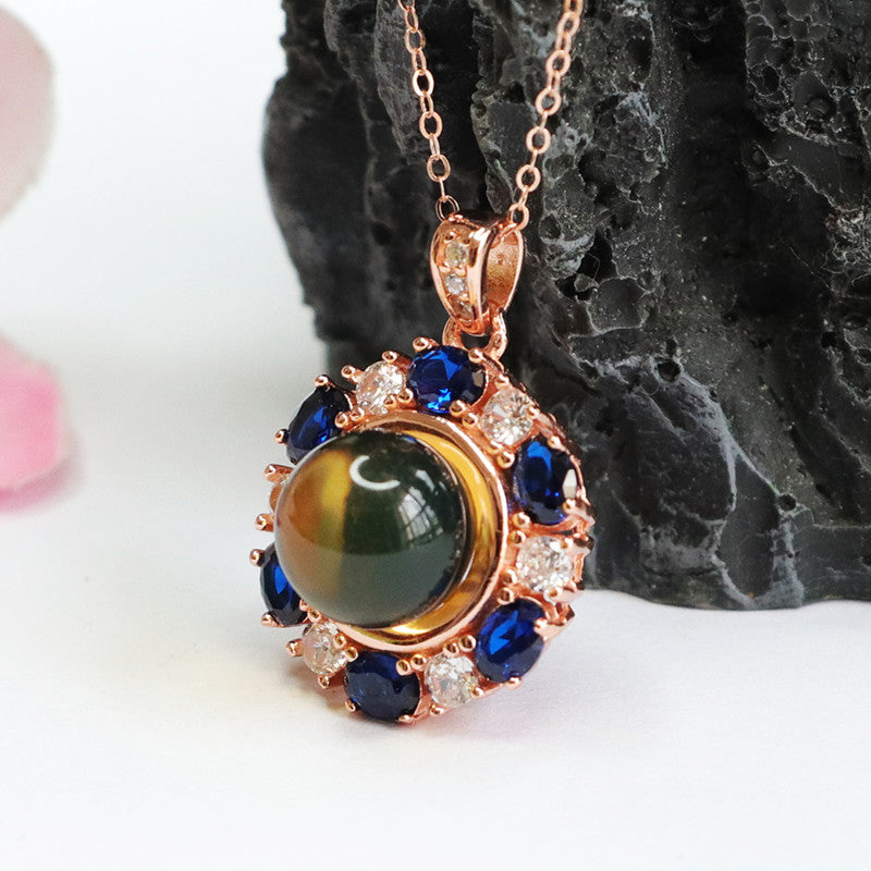 Blue Amber and Zircon Floral Necklace in Sterling Silver