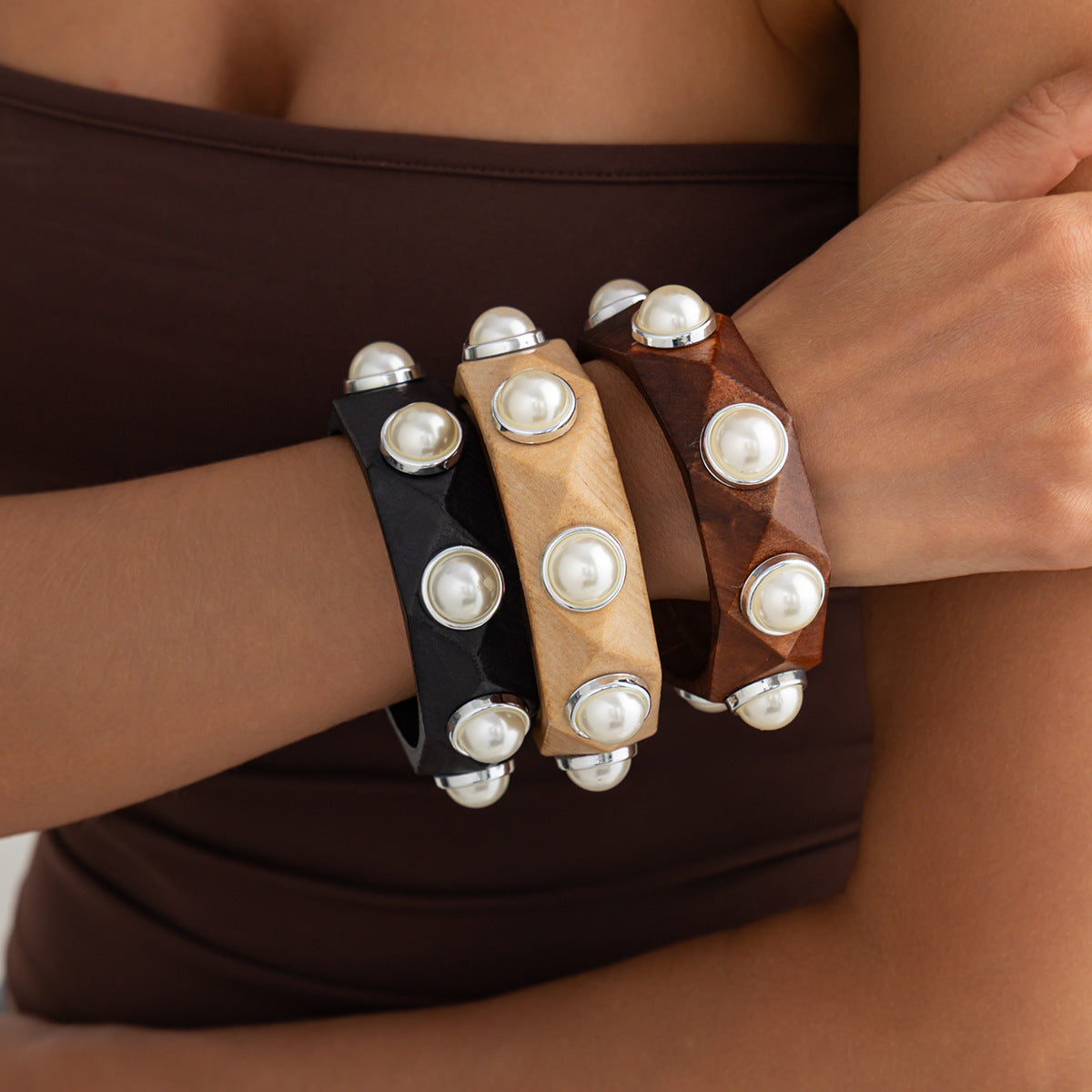 Planderful Vienna Verve Handcrafted Wooden Bracelet With Imitation Pearl Inlay Statement For Women