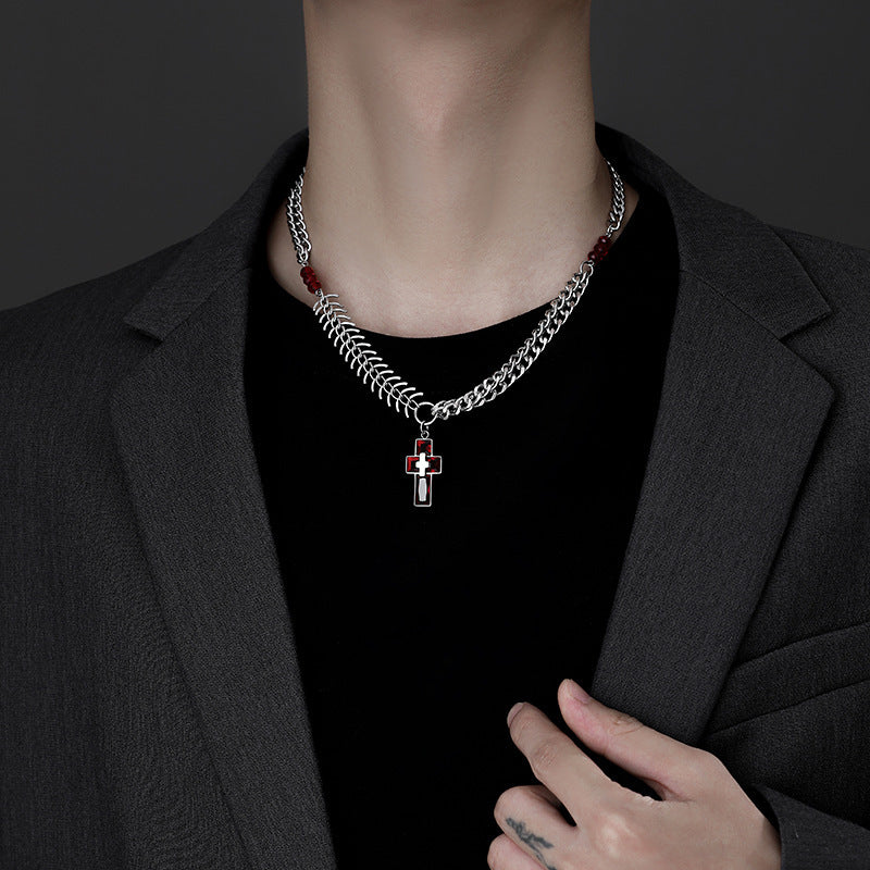 Planderful Jewelry Steel Fishbone Chain Cross Pendant Necklace