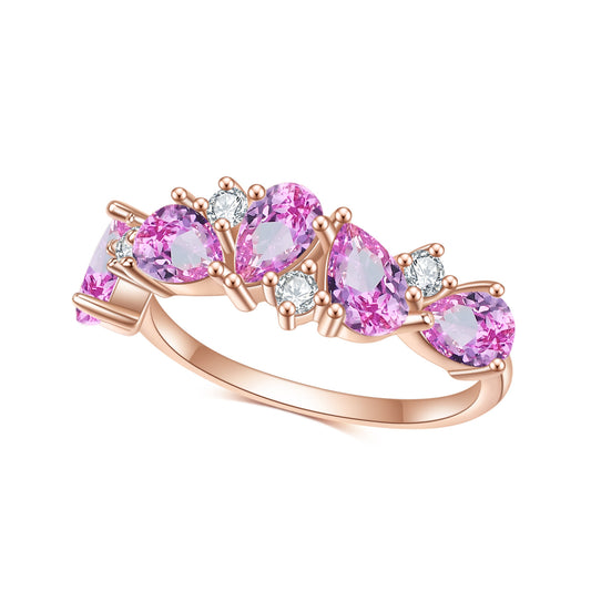 Row of Pear Shape Barbie Pink Corundum and Zircon Silver Ring