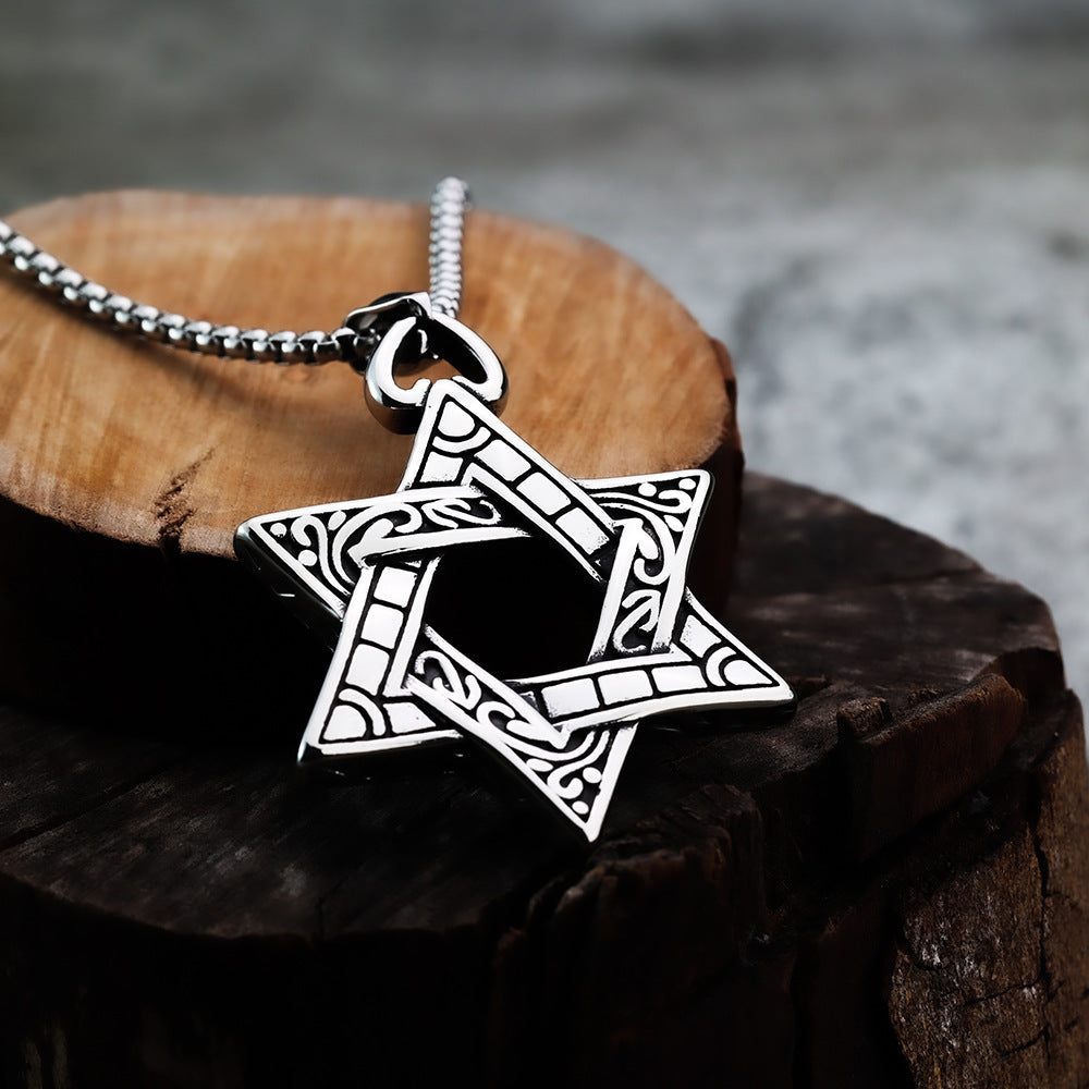 Hexagram Pendant for Men Double Sided Titanium Steel Necklace by Planderful Shop Edgy Retro Punk