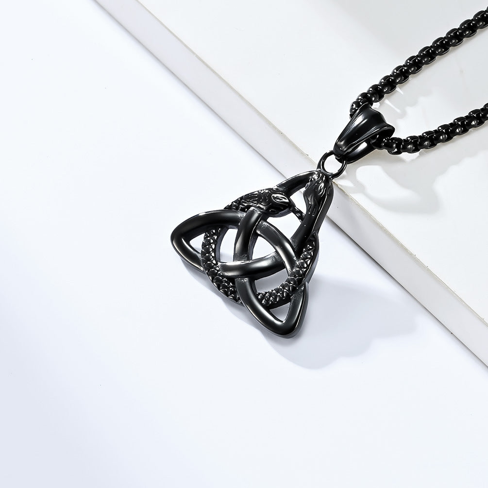 Planderful Viking Double Headed Snake Triangle Knot Necklace For Men Durable Titanium Steel Eternal Knot Pendant