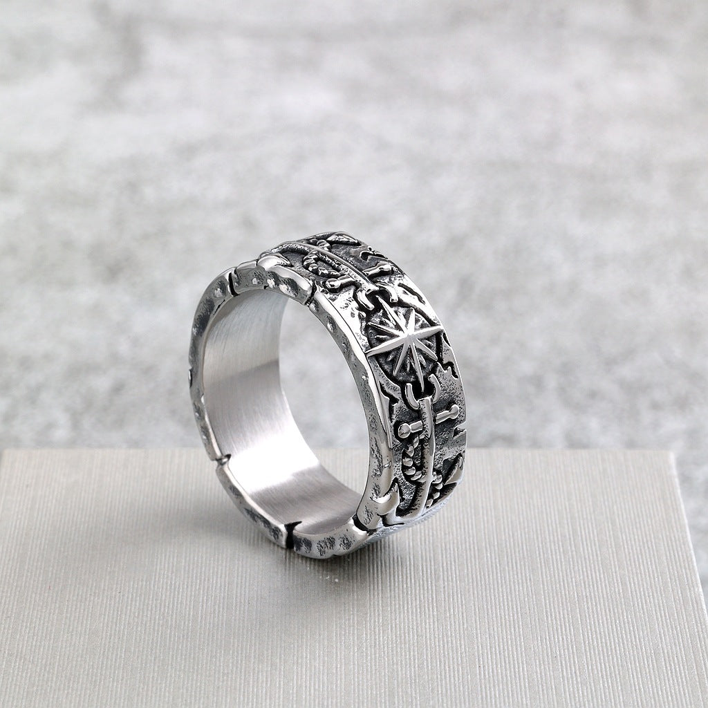 Vintage Anchor Sun Stainless Steel Men's Ring