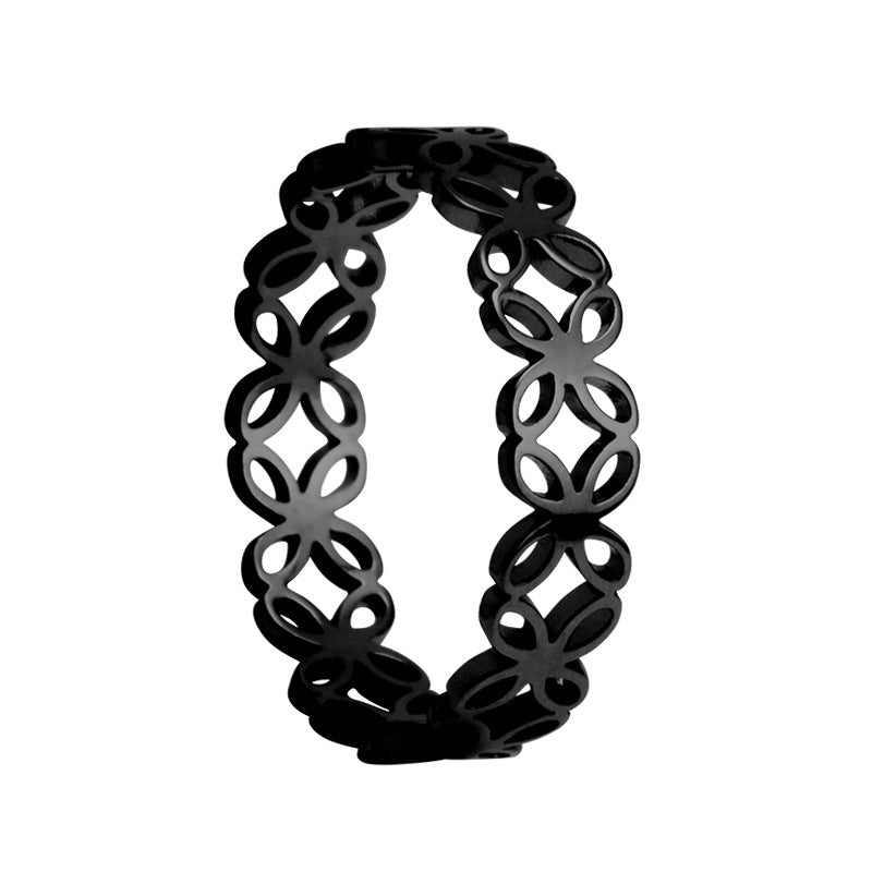 Four-Leaf Flower Hollow Titanium Couples Ring with Laser-Cut Japan & South Korea-Inspired Design