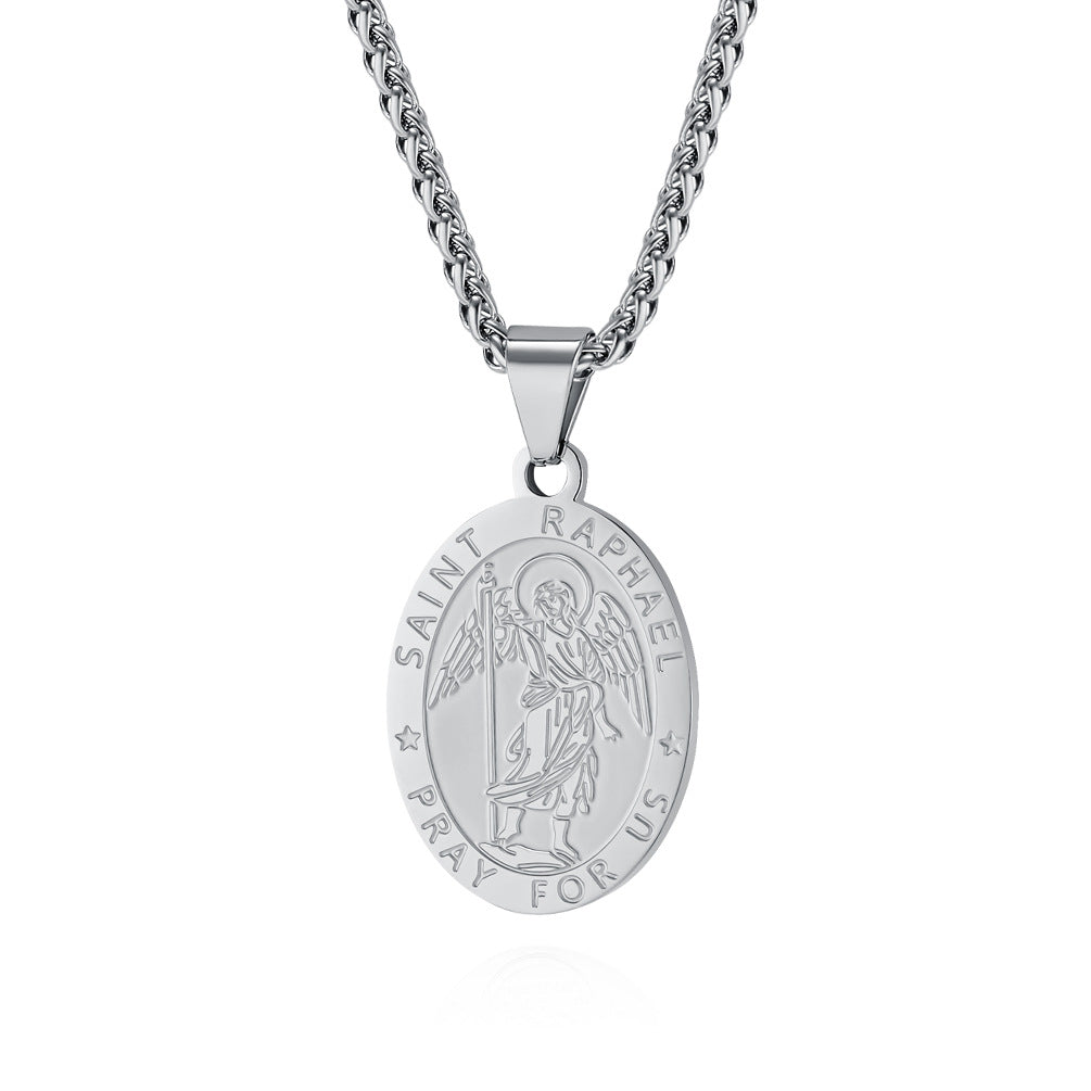 Patron Saint Archangel Oval Medal Pendant Titanium Steel Unisex Necklace By Planderful Everyday Genie Protection Gift