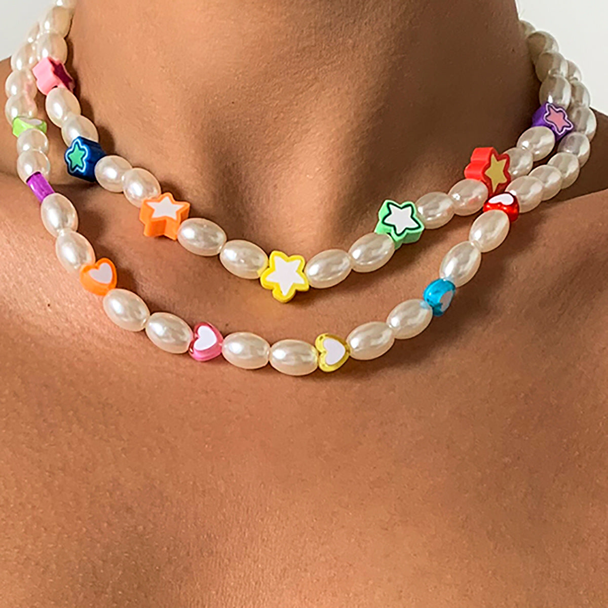 Planderful Vienna Verve Beaded Imitation Pearl Necklace For Women Star And Heart Shapes Mixed Colors