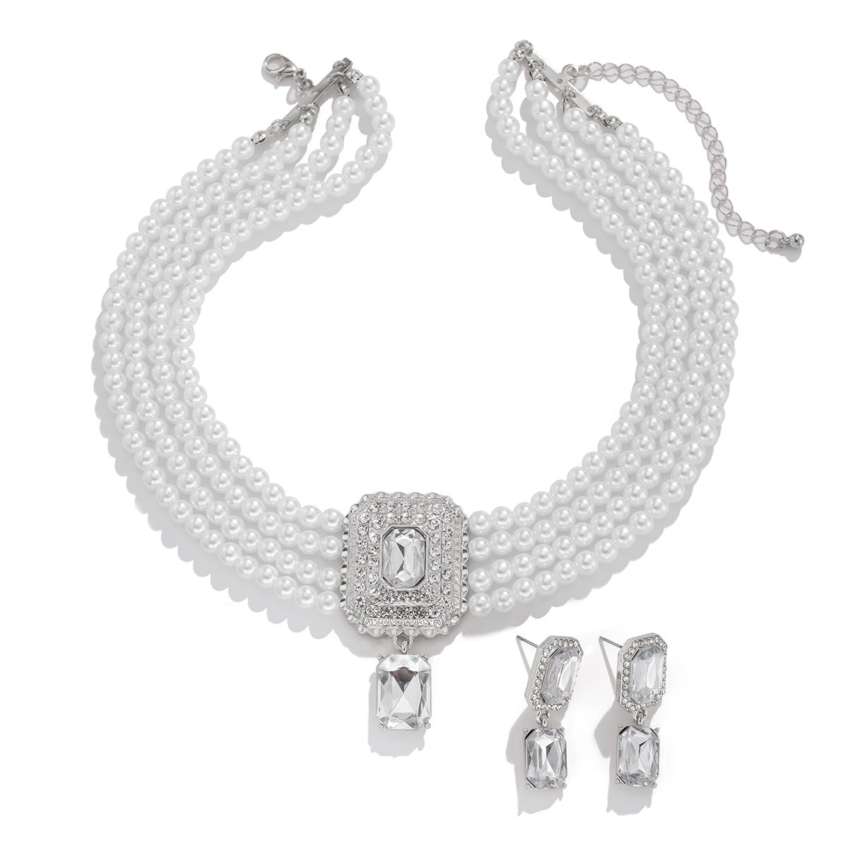 Square Crystal & Pearl-Style Layered Choker