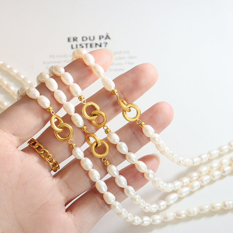 Elegant French Pearl Necklace with Titanium Steel Gold-Plated Double Loop Buckle