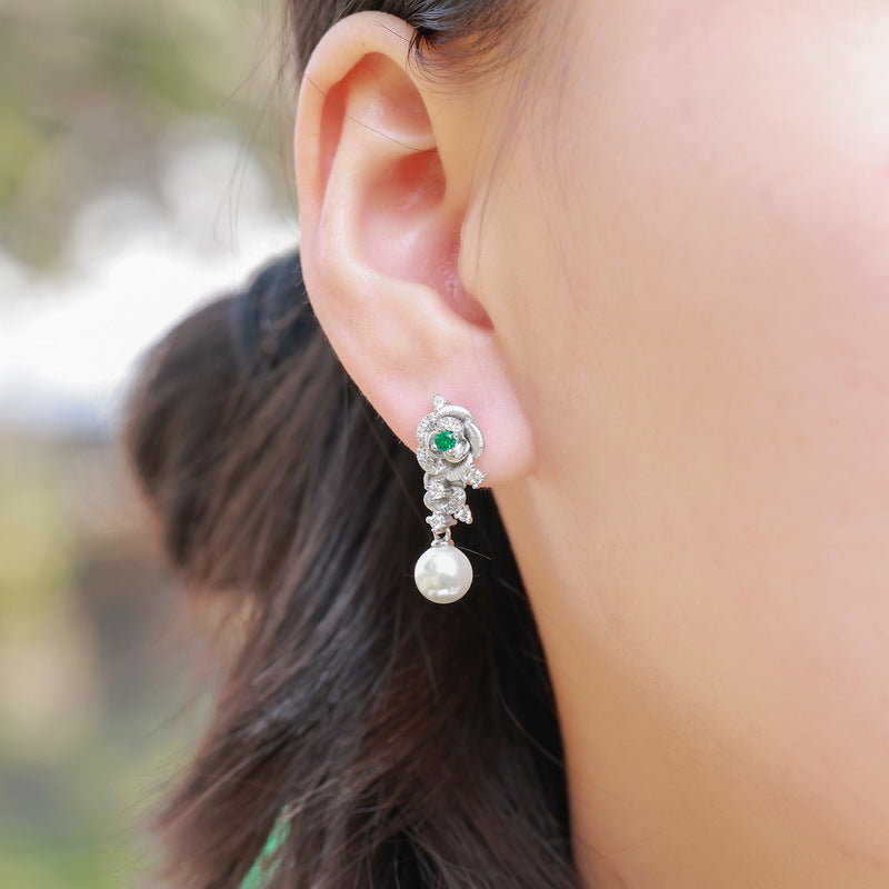 S925 Sterling Silver Lab-Grown Emerald & Pearl Flower Stud Earrings