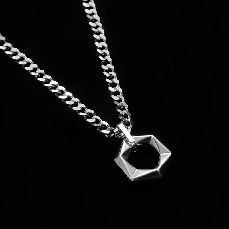 Planderful Titanium Cuban Chain Necklace Geometric Pendant