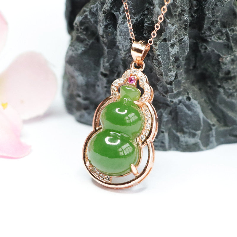 Zircon Necklace with Sterling Silver Gourd Pendant Featuring Natural Hetian Jade and Jasper Edge