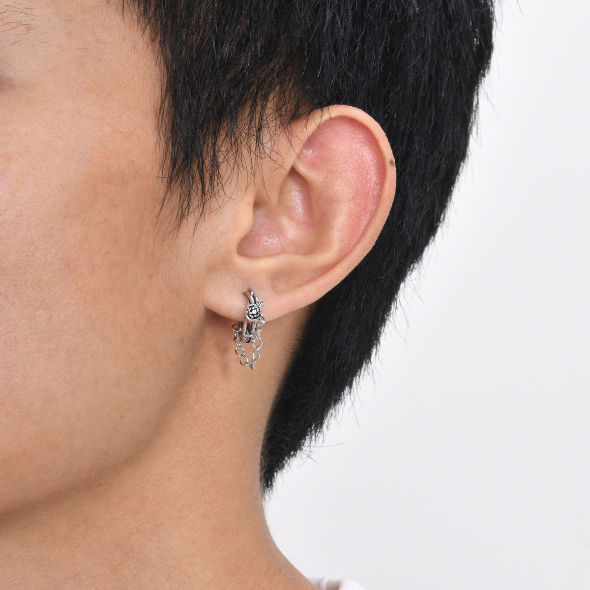 Rose & Chain Hoop Earring — Silver Single