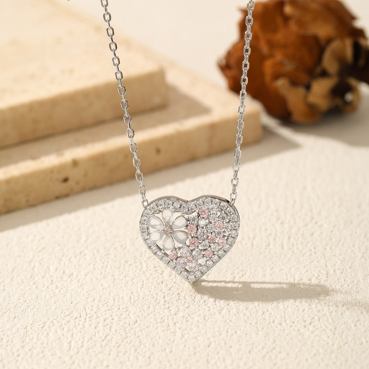 925 Sterling Silver Floral Heart Zircon Necklace