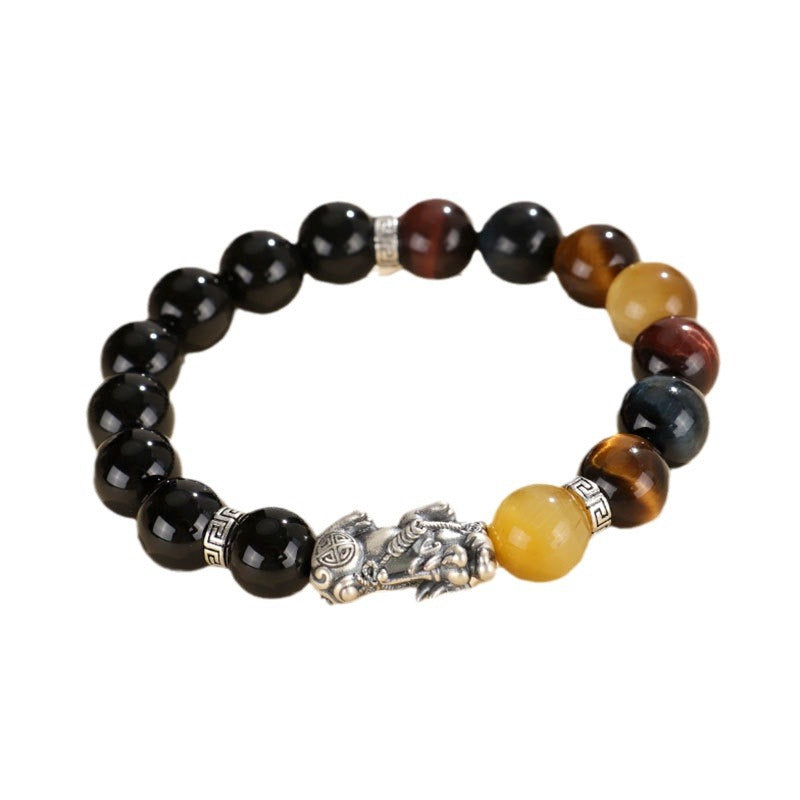 999 Silver Black Agate Pixiu & Tiger Eye Bracelet