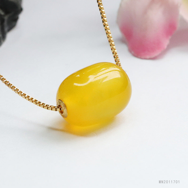 Yellow Chalcedony Barrel Bead 18K Gold-Set Pendant — No Chain